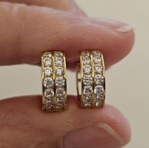 10K Yellow Gold Small Double Row CZ Huggie Hoop Earrings 1/2"